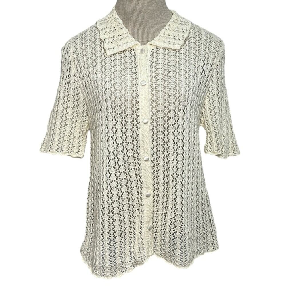 Ivory Pointelle Open Knit Button Front Short Sleeve‎ Top Limited Womens L Preppy